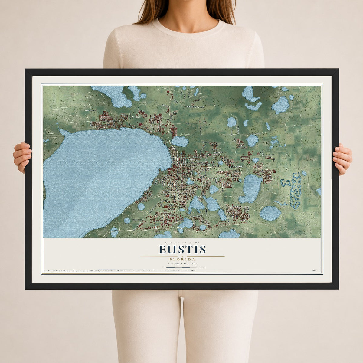 Eustis, Florida map print, 24" x 36" W/ Black Ayous Wood Frame mockup