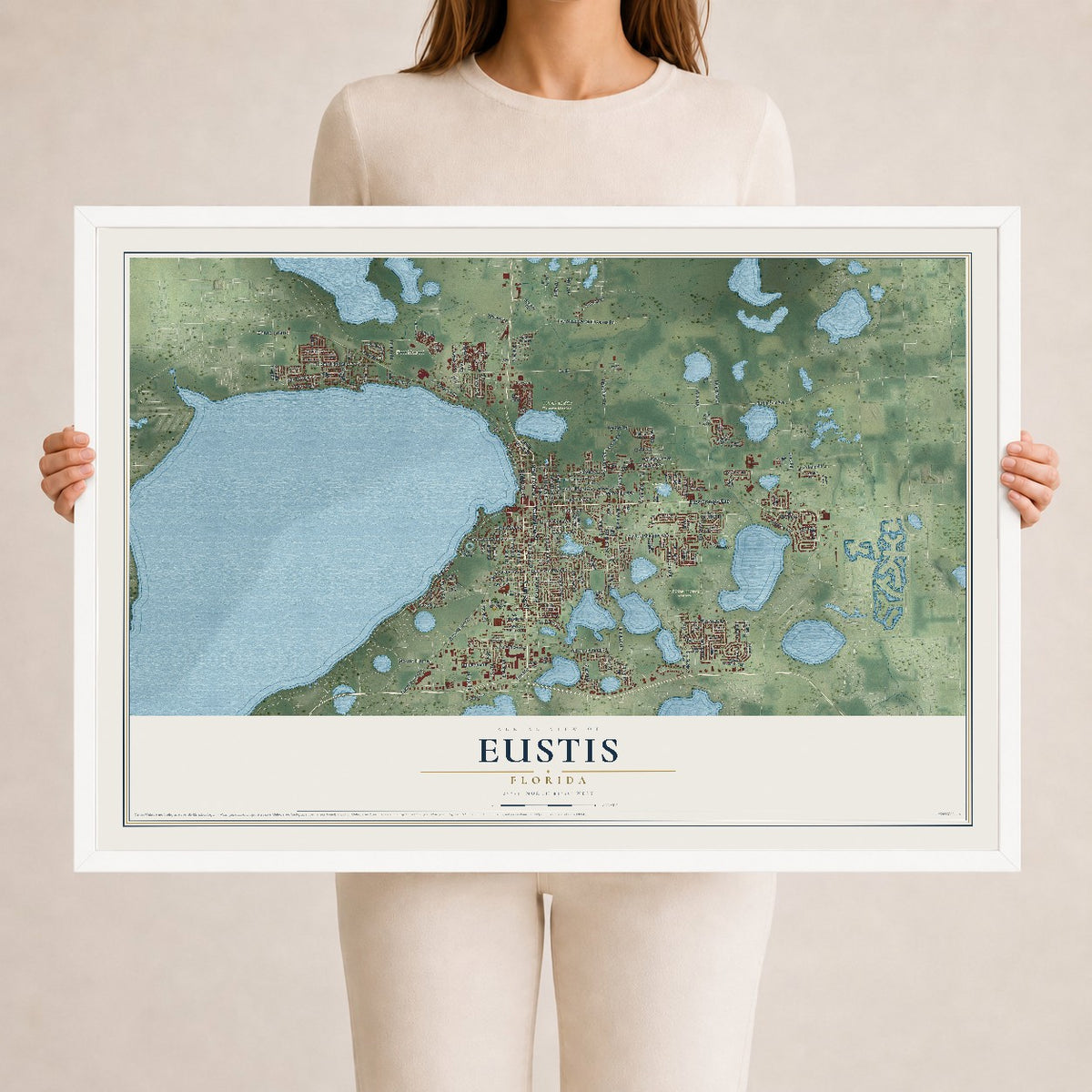 Eustis, Florida map print, 24" x 36" W/ White Ayous Wood Frame mockup