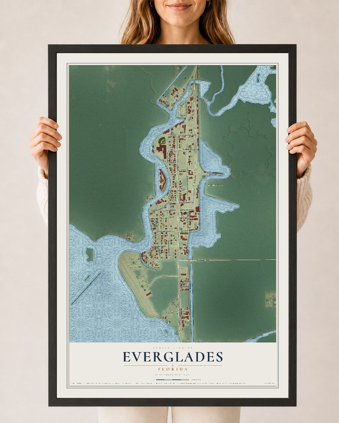 Everglades, Florida map print, 24" x 36" W/ Black Ayous Wood Frame mockup