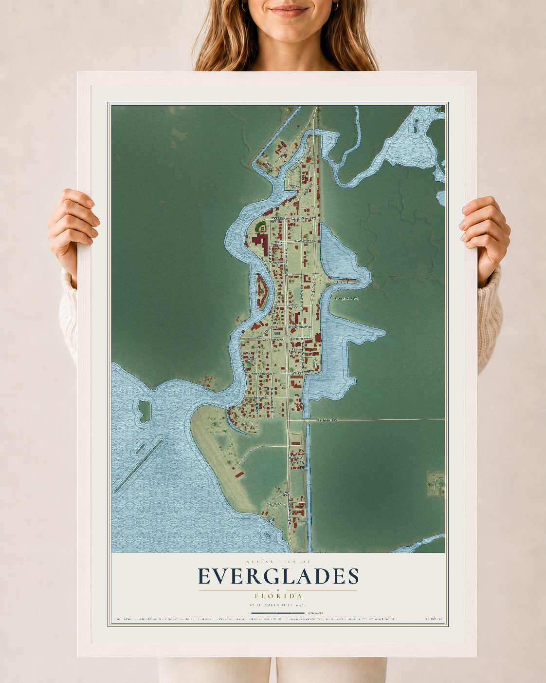 Everglades, Florida map print, 24" x 36" W/ White Ayous Wood Frame mockup