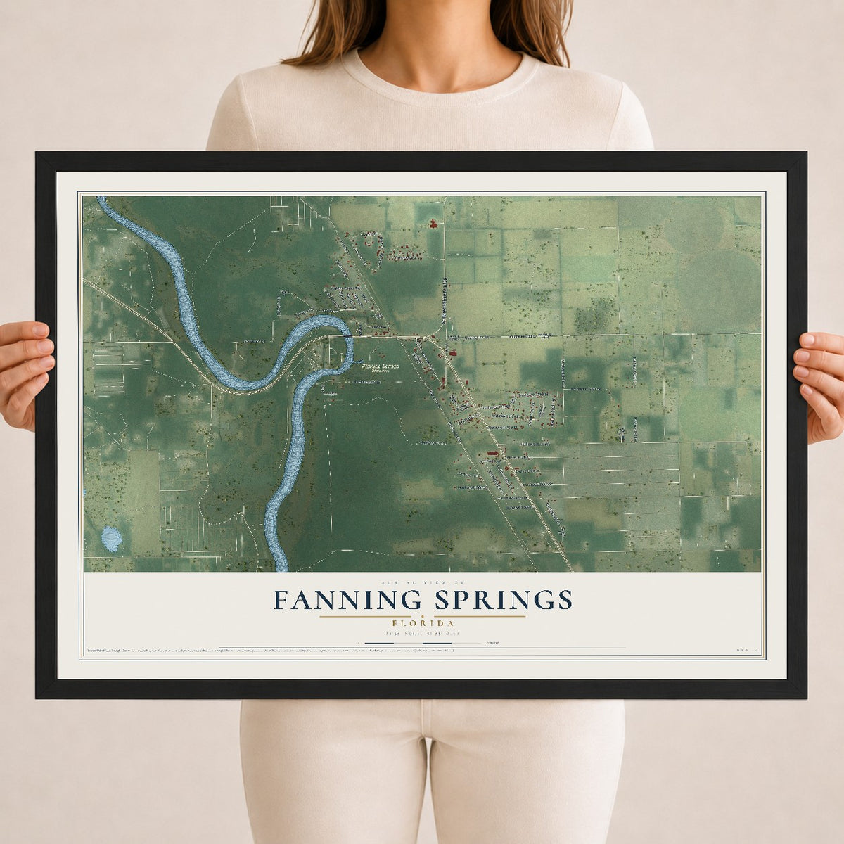 Fanning Springs, Florida map print, 18" x 24" W/ Black Ayous Wood Frame mockup