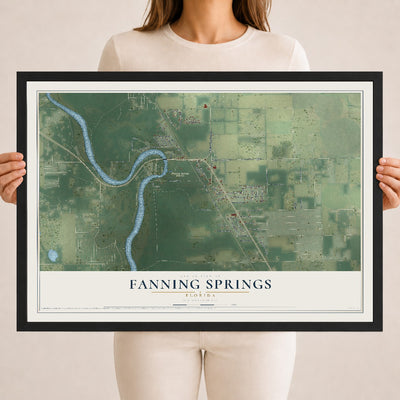 Fanning Springs, Florida map print, 18" x 24" W/ Black Ayous Wood Frame mockup