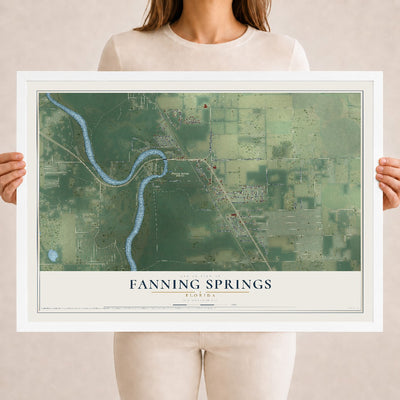 Fanning Springs, Florida map print, 18" x 24" W/ White Ayous Wood Frame mockup