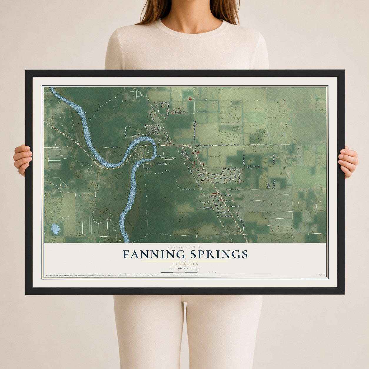Fanning Springs, Florida map print, 24" x 36" W/ Black Ayous Wood Frame mockup