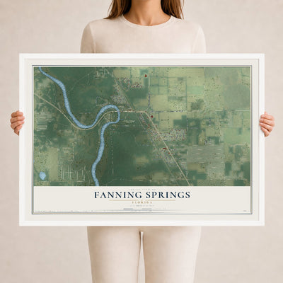 Fanning Springs, Florida map print, 24" x 36" W/ White Ayous Wood Frame mockup