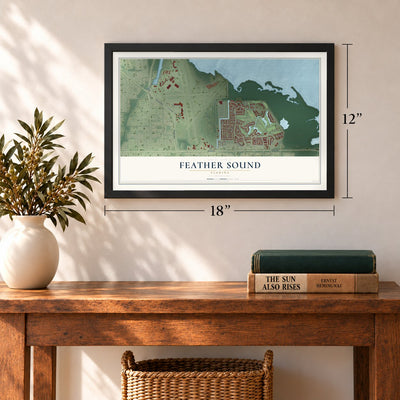 Feather Sound, Florida map, 12 x 18 inch print in a black frame in an entryway