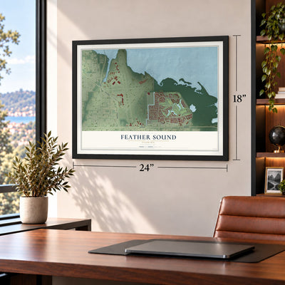 Feather Sound, Florida map, 18 x 24 inch print in a black frame in a home office