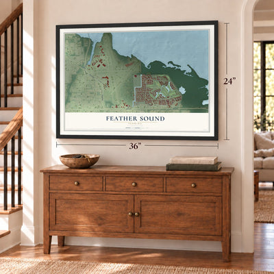 Feather Sound, Florida map, 24 x 36 inch print in a black frame above a dresser by a staircase