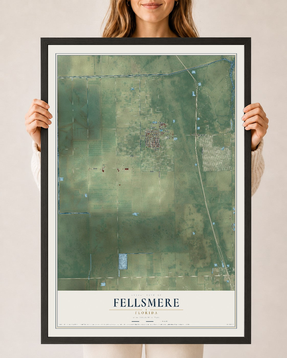 Fellsmere, Florida map print, 24" x 36" W/ Black Ayous Wood Frame mockup