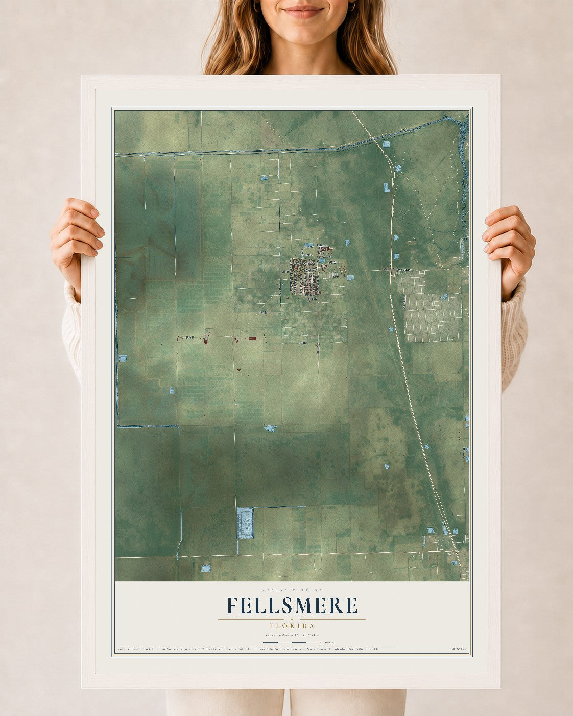 Fellsmere, Florida map print, 24" x 36" W/ White Ayous Wood Frame mockup