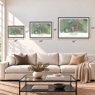 Fern Park, Florida map in 12 x 18, 18 x 24 and 24 x 36 inch sizes above a sofa