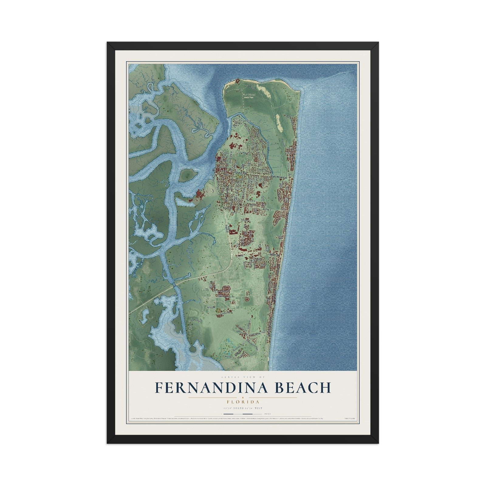 Fernandina Beach, Florida map print, 12" x 18" W/ Black Ayous Wood Frame mockup
