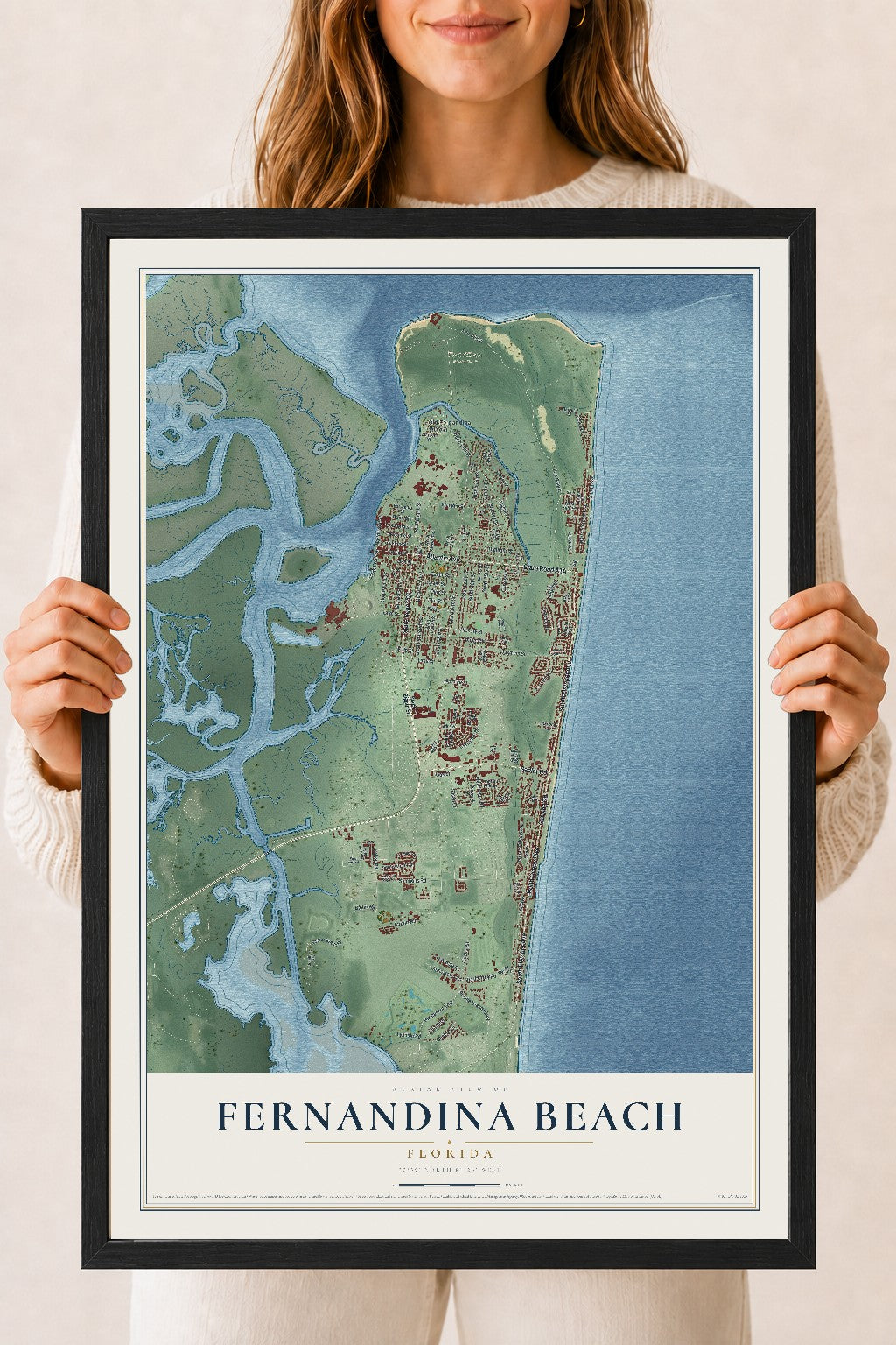 Fernandina Beach, Florida map print, 18" x 24" W/ Black Ayous Wood Frame mockup