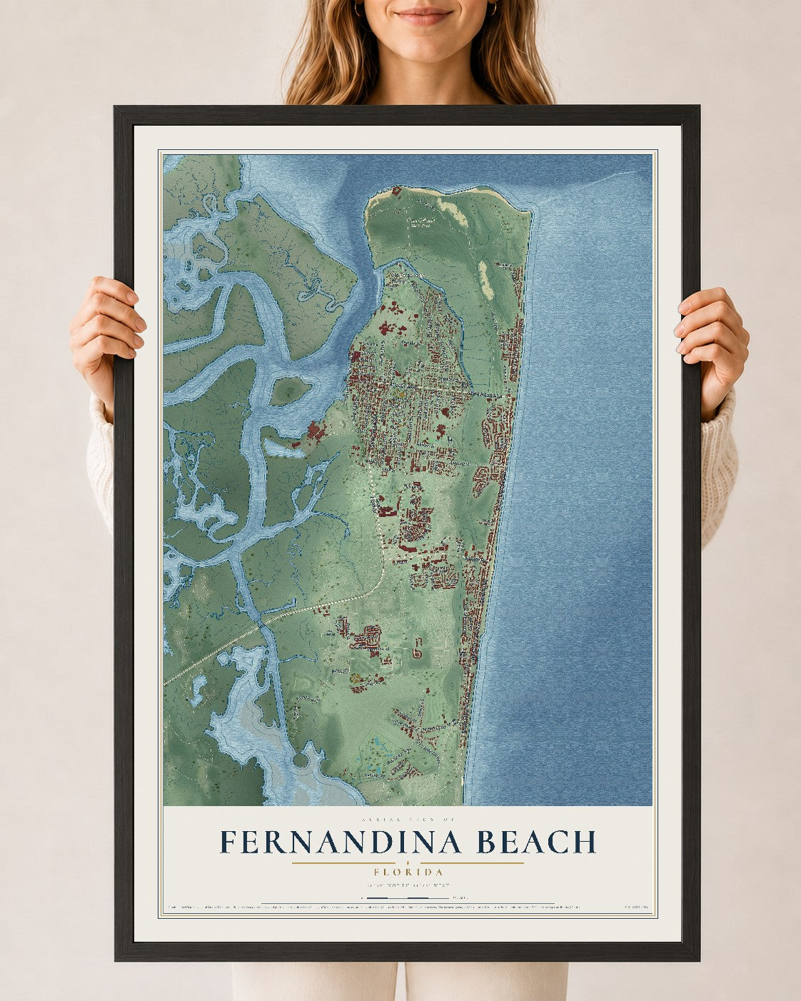 Fernandina Beach, Florida map print, 24" x 36" W/ Black Ayous Wood Frame mockup