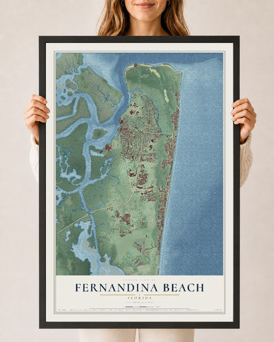 Fernandina Beach, Florida map print, 24" x 36" W/ Black Ayous Wood Frame mockup