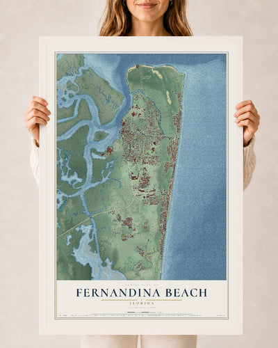 Fernandina Beach, Florida map print, 24" x 36" W/ White Ayous Wood Frame mockup