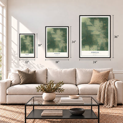 Fidelis, Florida map in 12 x 18, 18 x 24 and 24 x 36 inch sizes above a sofa