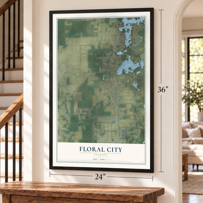 Floral City, Florida map, 24 x 36 inch print in a black frame by a staircase