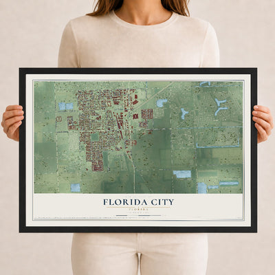 Florida City, Florida map print, 12" x 18" W/ Black Ayous Wood Frame mockup