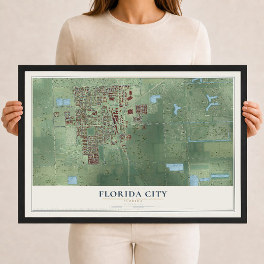 Map of Florida City, Florida, 12 x 18 inch print in a black wood frame