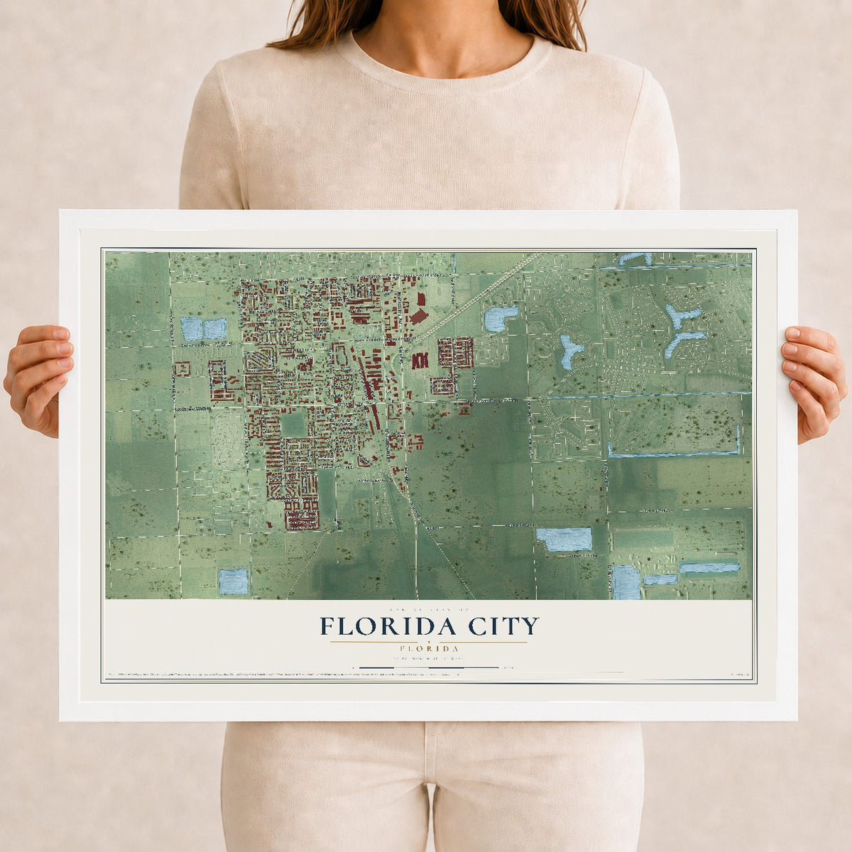Florida City, Florida map print, 12" x 18" W/ White Ayous Wood Frame mockup