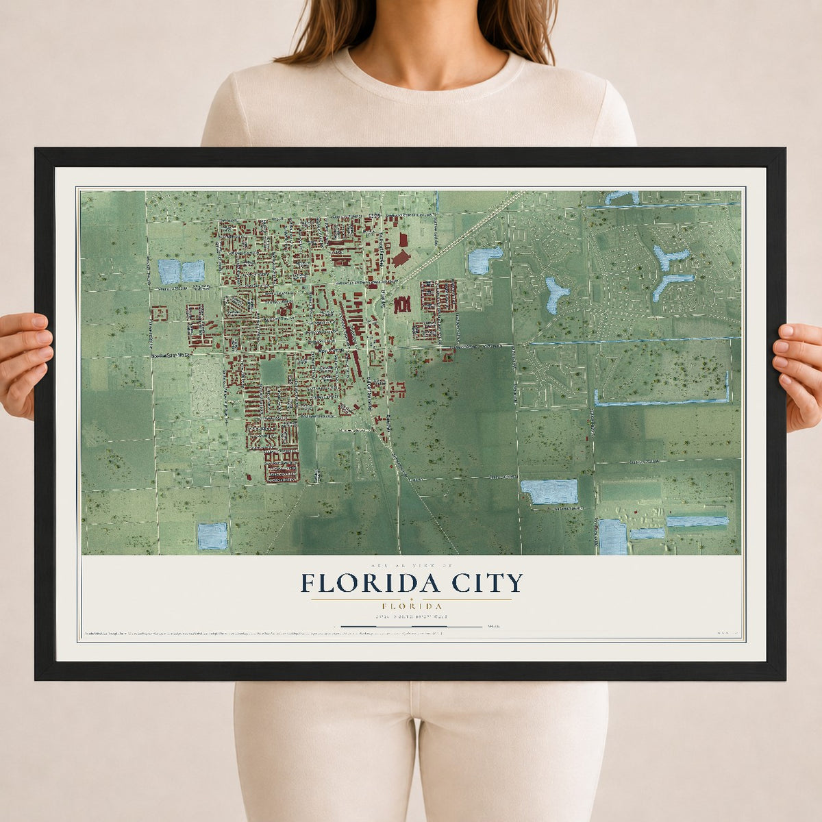 Florida City, Florida map print, 18" x 24" W/ Black Ayous Wood Frame mockup