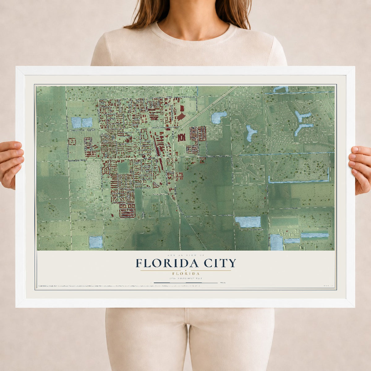 Florida City, Florida map print, 18" x 24" W/ White Ayous Wood Frame mockup
