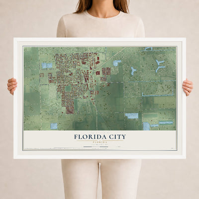 Florida City, Florida map print, 24" x 36" W/ White Ayous Wood Frame mockup
