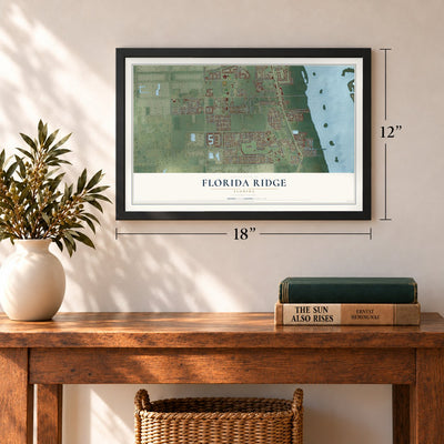Florida Ridge, Florida map, 12 x 18 inch print in a black frame in an entryway
