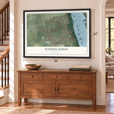 Florida Ridge, Florida map, 24 x 36 inch print in a black frame above a dresser by a staircase