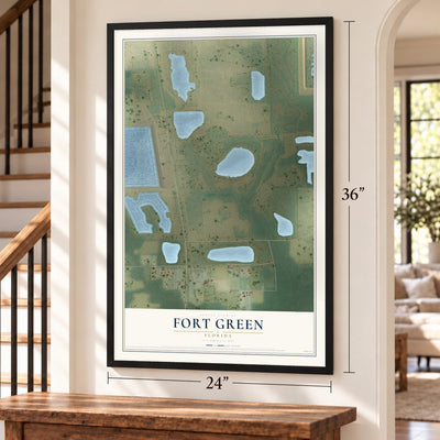 Fort Green, Florida map, 24 x 36 inch print in a black frame by a staircase
