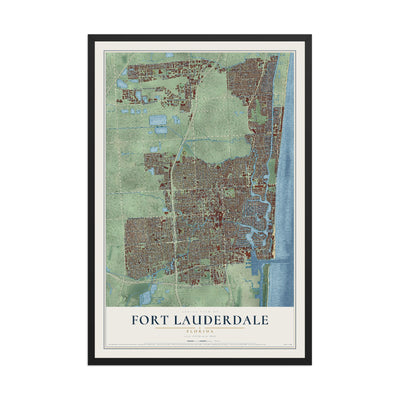 Fort Lauderdale, Florida map print, 12" x 18" W/ Black Ayous Wood Frame mockup