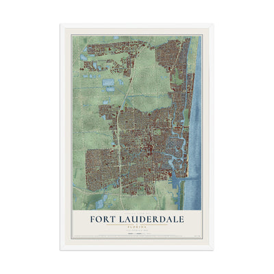 Fort Lauderdale, Florida map print, 12" x 18" W/ White Ayous Wood Frame mockup