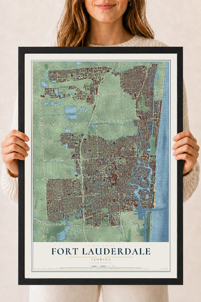 Fort Lauderdale, Florida map print, 18" x 24" W/ Black Ayous Wood Frame mockup