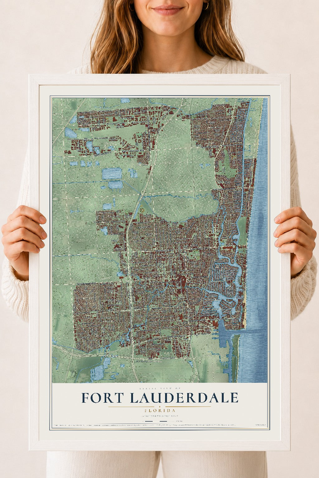 Fort Lauderdale, Florida map print, 18" x 24" W/ White Ayous Wood Frame mockup