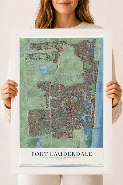 Fort Lauderdale, Florida map print, 18" x 24" W/ White Ayous Wood Frame mockup