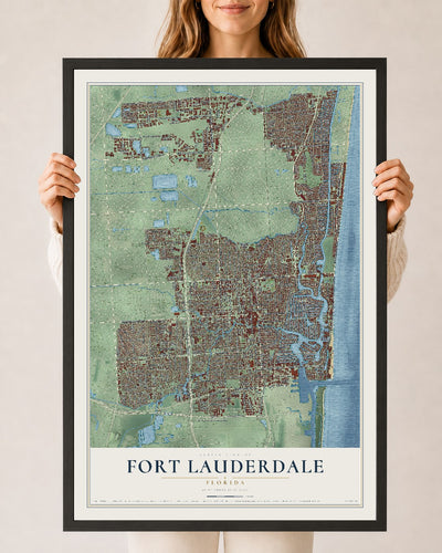 Fort Lauderdale, Florida map print, 24" x 36" W/ Black Ayous Wood Frame mockup