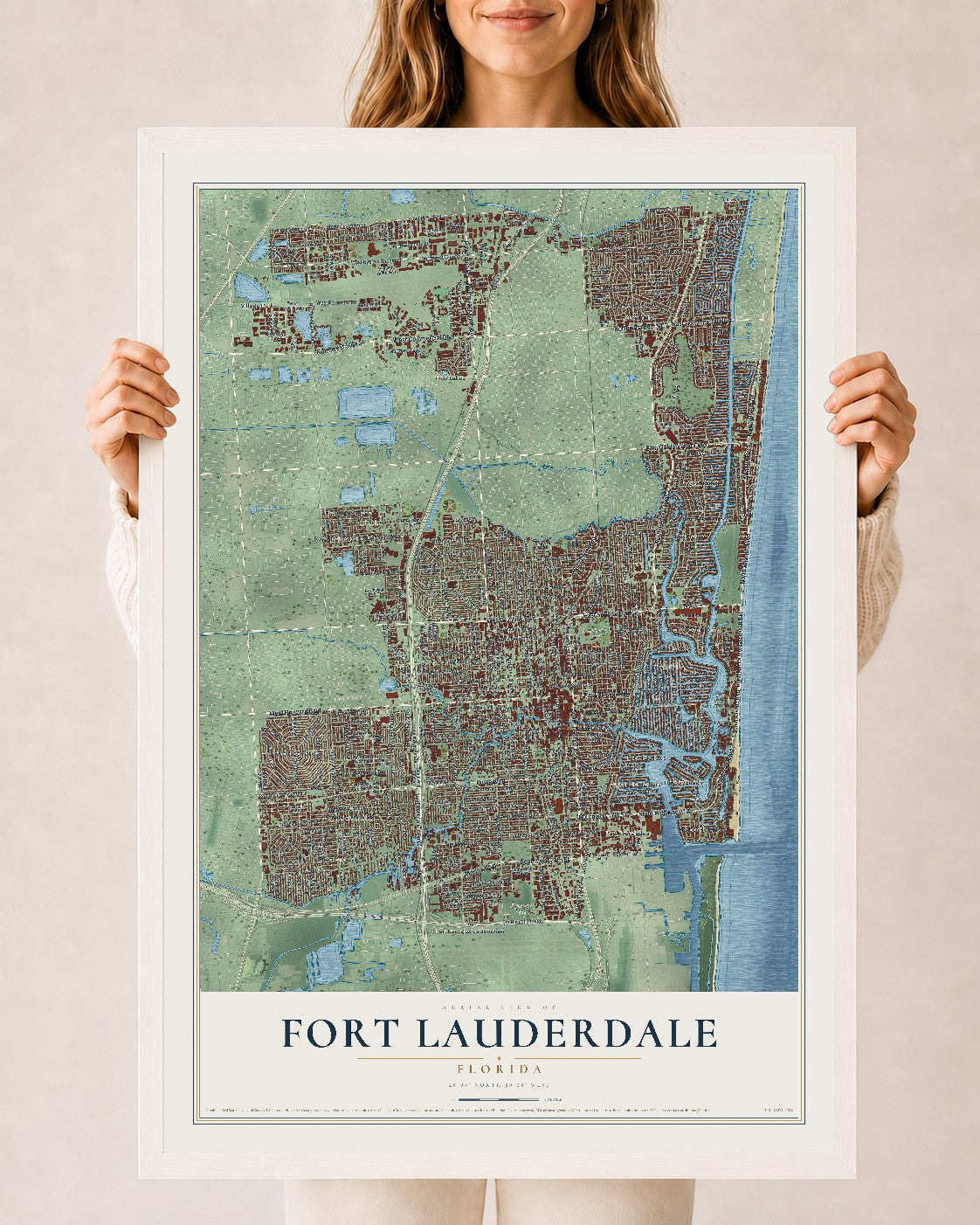 Fort Lauderdale, Florida map print, 24" x 36" W/ White Ayous Wood Frame mockup