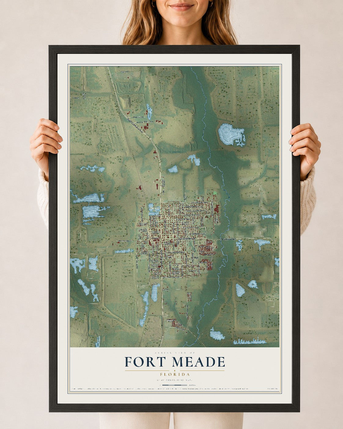 Fort Meade, Florida map print, 24" x 36" W/ Black Ayous Wood Frame mockup