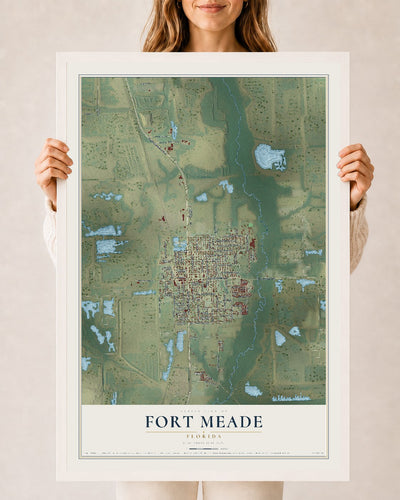 Fort Meade, Florida map print, 24" x 36" W/ White Ayous Wood Frame mockup