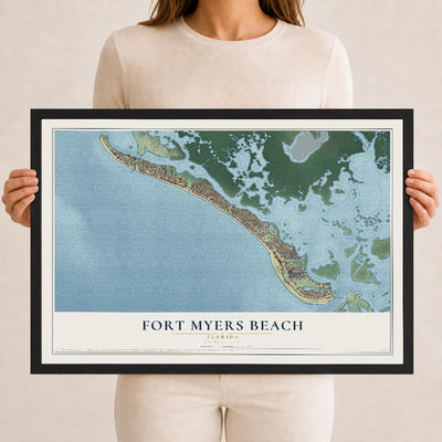 Fort Myers Beach, Florida map print, 12" x 18" W/ Black Ayous Wood Frame mockup