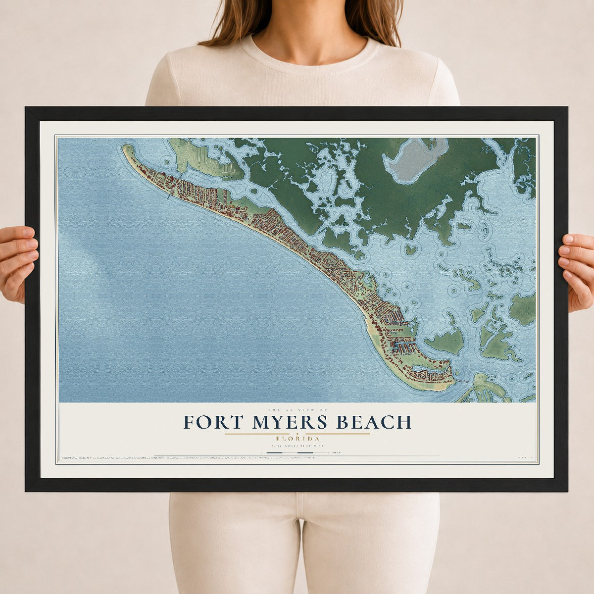 Fort Myers Beach, Florida map print, 18" x 24" W/ Black Ayous Wood Frame mockup