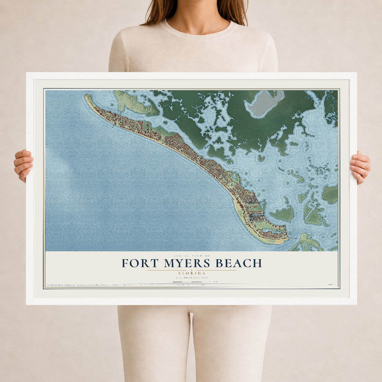 Fort Myers Beach, Florida map print, 24" x 36" W/ White Ayous Wood Frame mockup