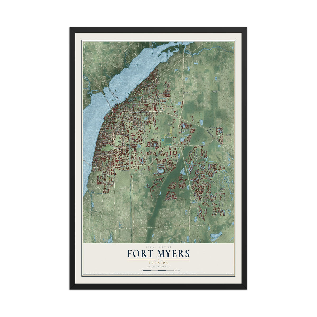 Fort Myers, Florida map print, 12" x 18" W/ Black Ayous Wood Frame mockup