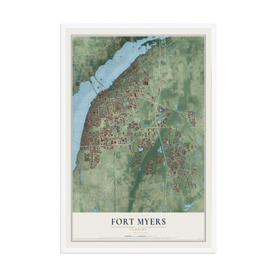 Fort Myers, Florida map print, 12" x 18" W/ White Ayous Wood Frame mockup