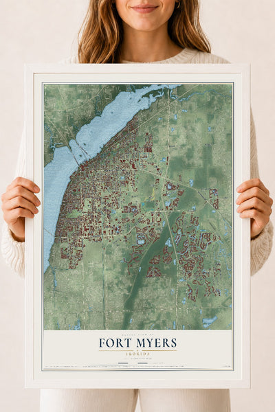 Fort Myers, Florida map print, 18" x 24" W/ White Ayous Wood Frame mockup
