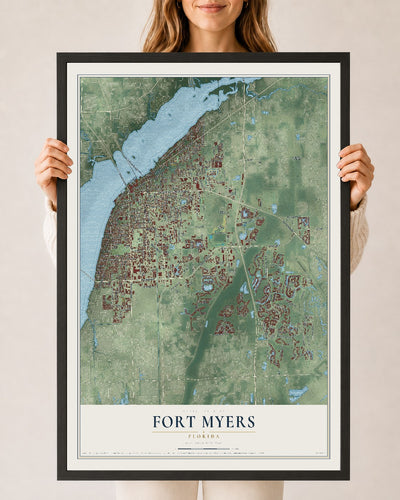 Fort Myers, Florida map print, 24" x 36" W/ Black Ayous Wood Frame mockup
