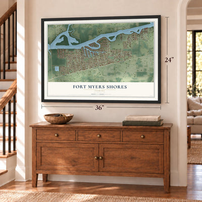 Fort Myers Shores, Florida map, 24 x 36 inch print in a black frame above a dresser by a staircase