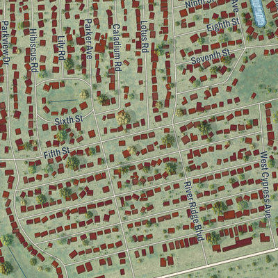 Close-up of the map of Fort Myers Shores, Florida print showing street and building detail