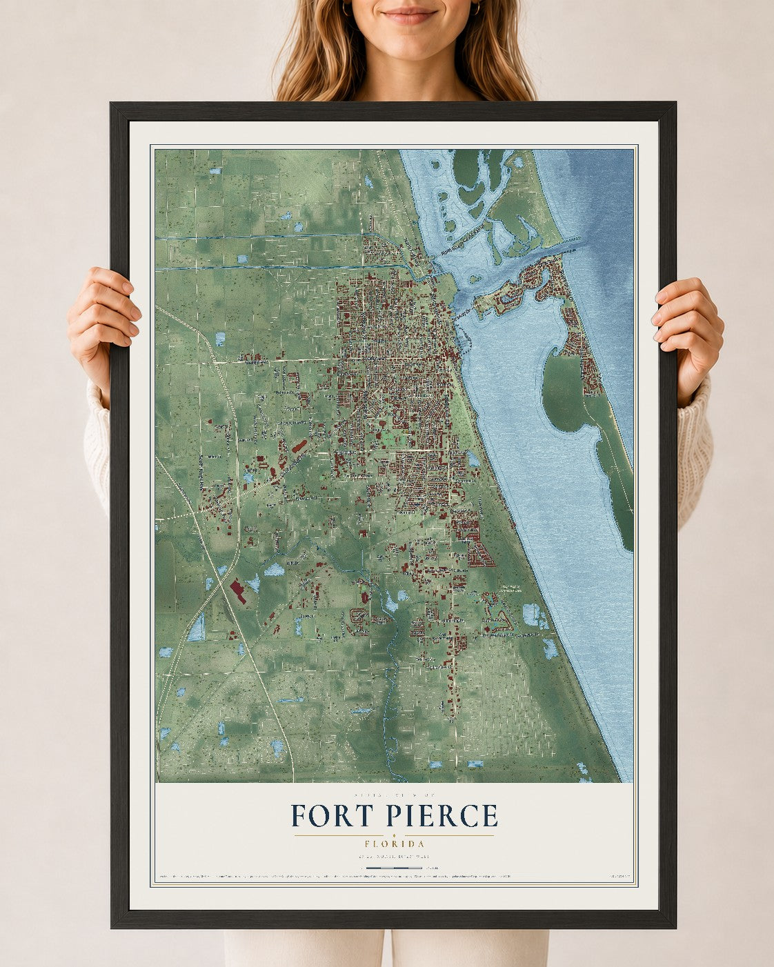 Fort Pierce, Florida map print, 24" x 36" W/ Black Ayous Wood Frame mockup